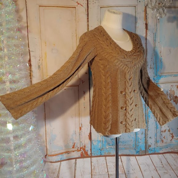 Old Navy wool blend texture cable knit v neck wide sleeve sweater/size XS/tan - Picture 2 of 6